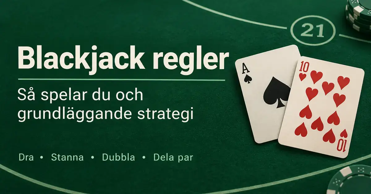 Grafik om blackjackregler och grundläggande strategi med spader ess, hjärter tio och valen dra, stanna, dubbla och dela par på ett grönt spelbord.