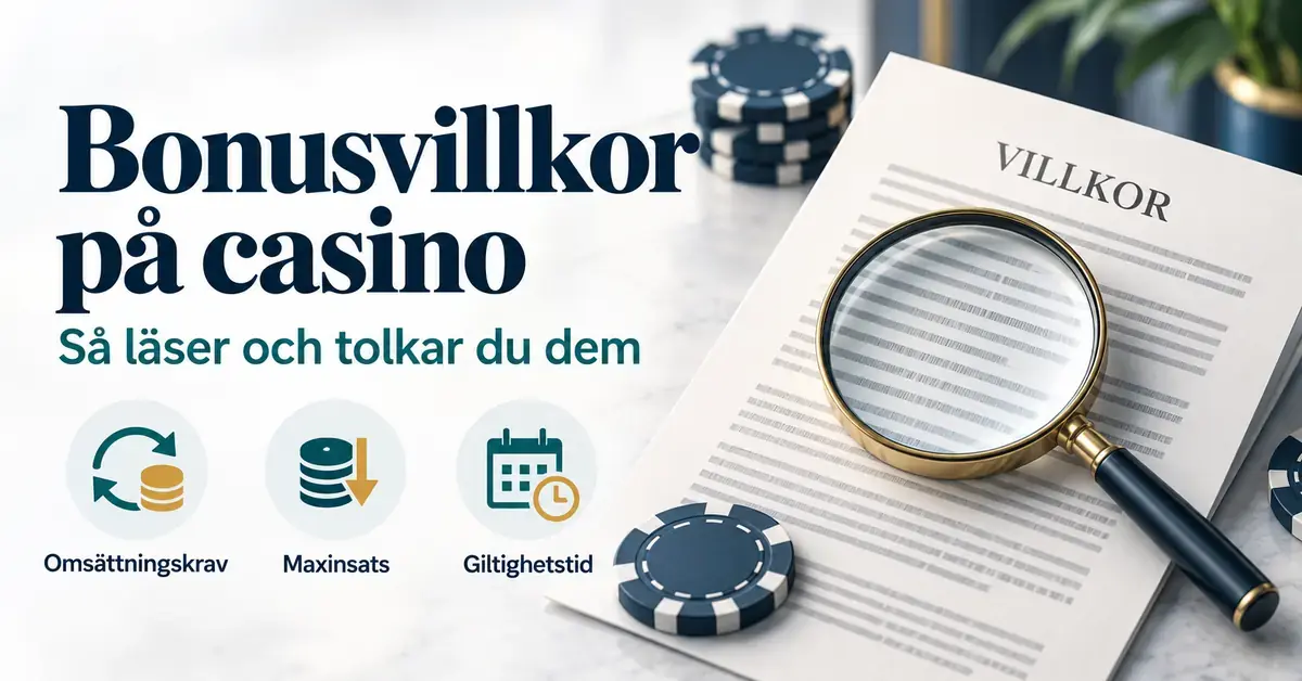 Förstoringsglas över ett dokument med casinovillkor samt symboler för omsättningskrav, maxinsats och giltighetstid.