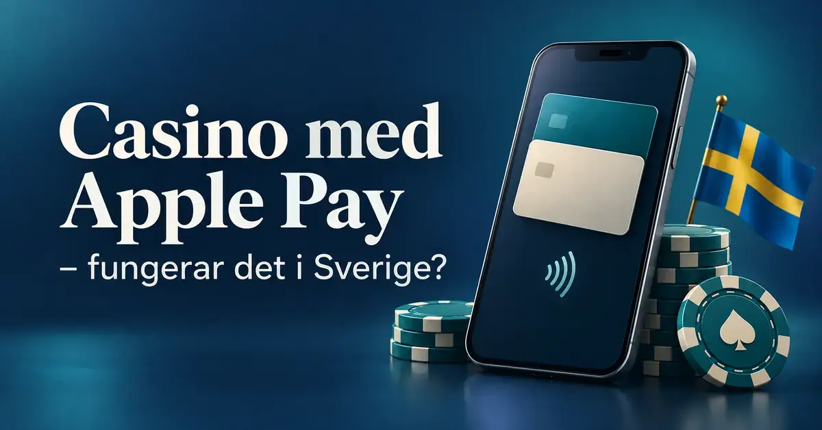 Mobil med digitala betalkort bredvid casinomarker och en svensk flagga, med texten ”Casino med Apple Pay – fungerar det i Sverige?”.