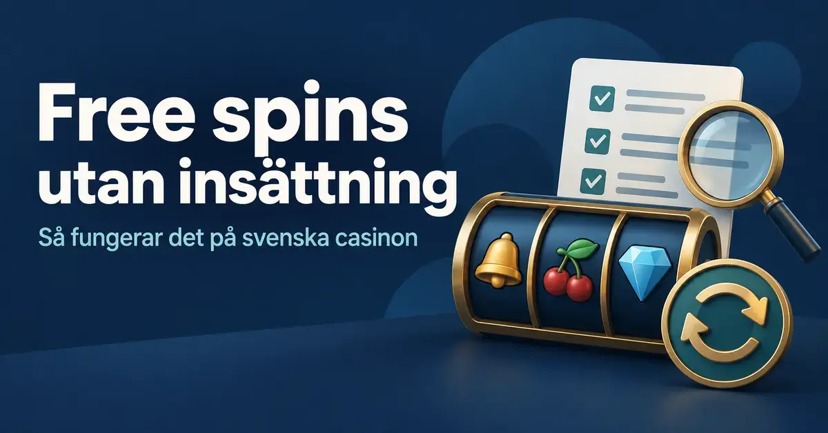 Illustration av spelautomathjul, en snurrsymbol och en checklista med förstoringsglas intill texten ”Free spins utan insättning – Så fungerar det på svenska casinon”.