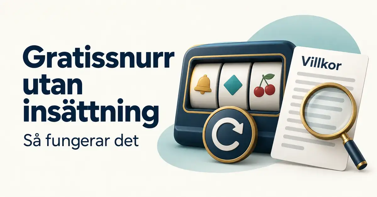 Illustration av en spelautomat, en snurrpil och ett villkorsdokument med förstoringsglas intill texten ”Gratissnurr utan insättning – Så fungerar det”.