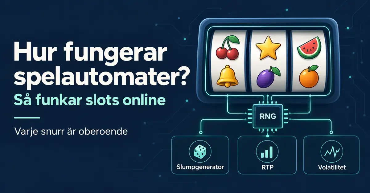 Illustration av en spelautomat kopplad till en slumpgenerator, med rubriken ”Hur fungerar spelautomater?” och begreppen RTP och volatilitet.