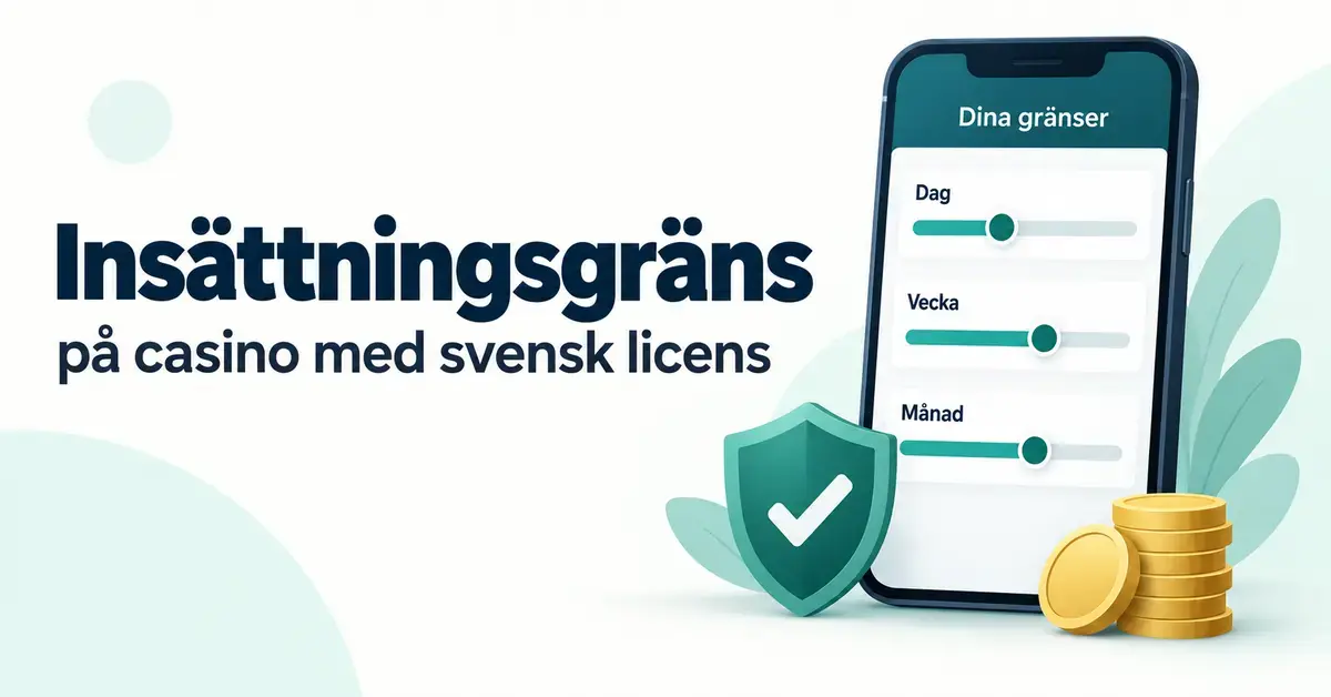 Illustration av insättningsgränser på casino med svensk licens med en mobil som visar gränser per dag, vecka och månad samt en skyddssköld och mynt.