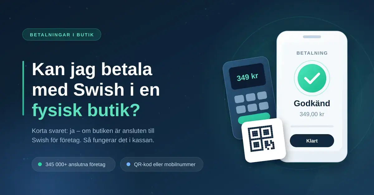 Illustration av en mobiltelefon som visar en godkänd Swish-betalning på 349 kronor bredvid en kortterminal och en QR-kod, med rubriken ”Kan jag betala med Swish i en fysisk butik?”.