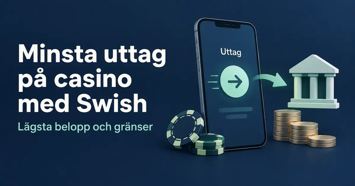 Illustration av en mobil med uttag till en bank, mynt och spelmarker samt texten ”Minsta uttag på casino med Swish – Lägsta belopp och gränser”.