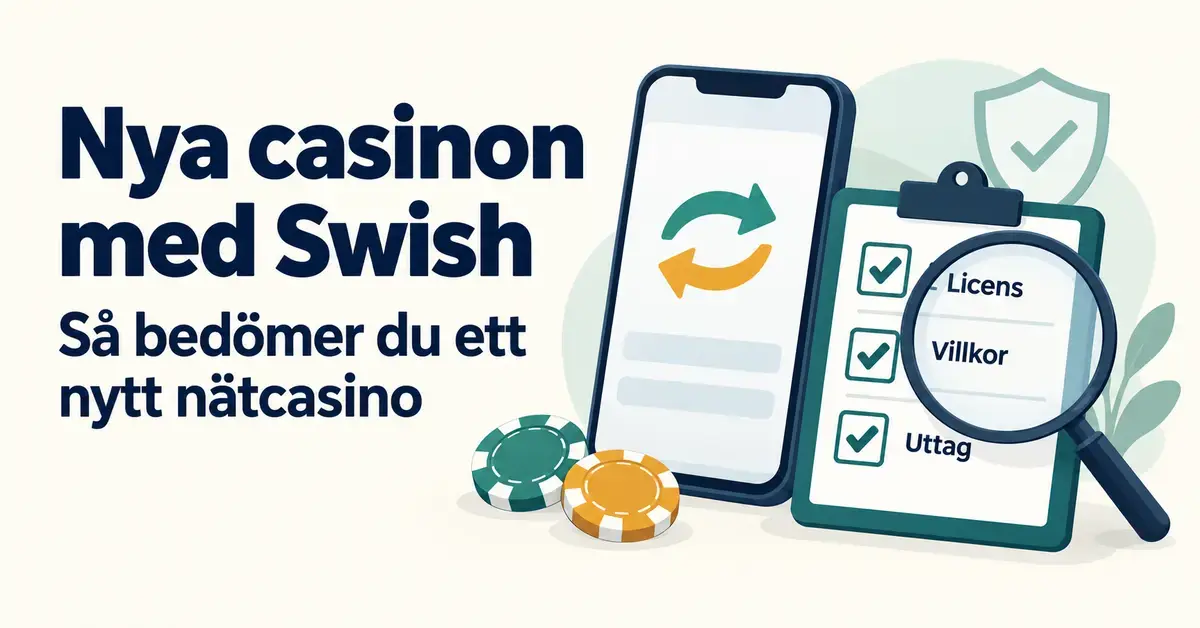 Illustration av en mobiltelefon, spelmarker och en checklista med förstoringsglas som visar vad du bör granska hos ett nytt nätcasino med Swish: licens, villkor och uttag.