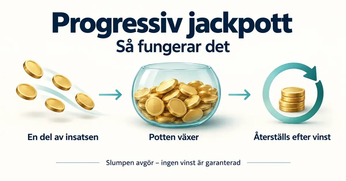 Illustration som visar hur en del av varje insats fyller en progressiv jackpott som växer och återställs efter vinst, med en påminnelse om att slumpen avgör utfallet.