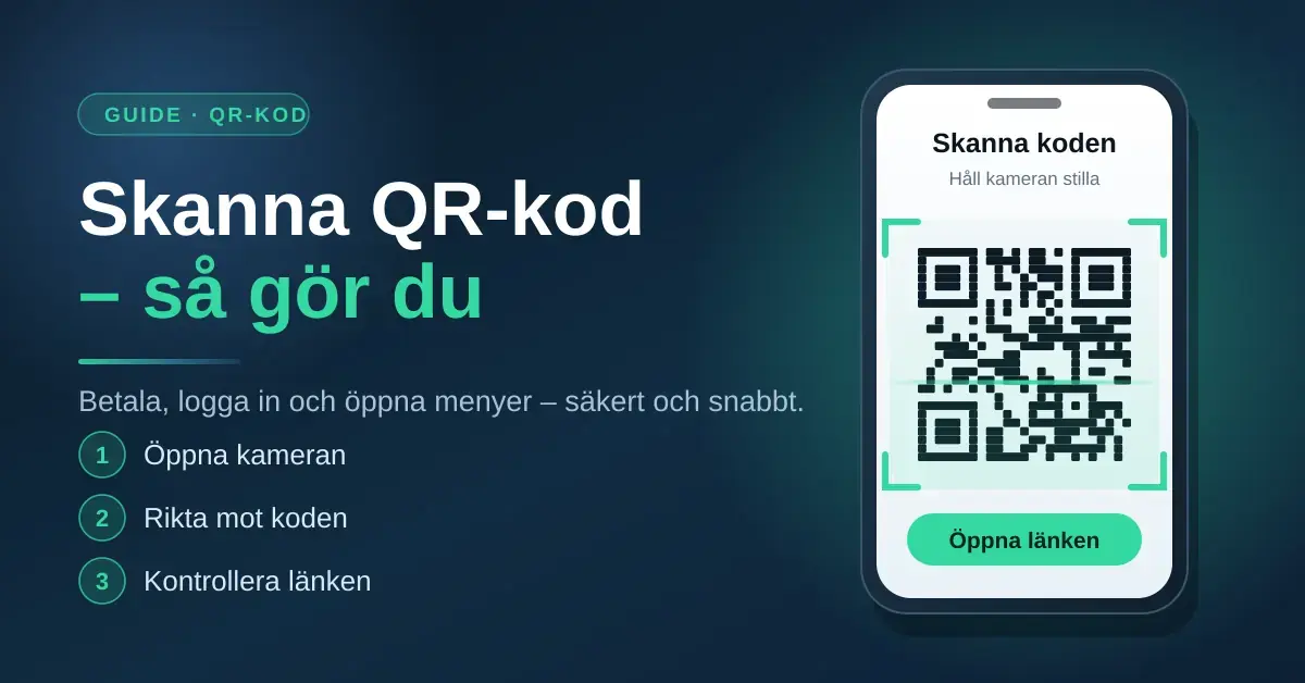 Illustration av en mobiltelefon som skannar en QR-kod, med rubriken "Skanna QR-kod – så gör du" och tre steg: öppna kameran, rikta mot koden och kontrollera länken.