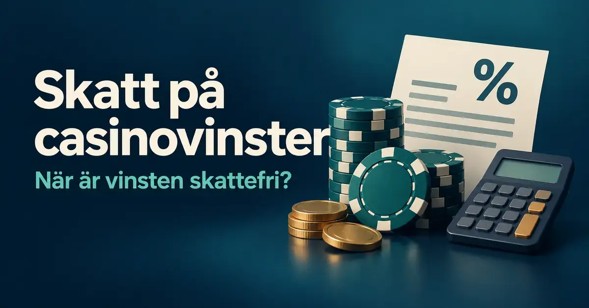 Casinomarker, mynt, en miniräknare och ett dokument med procenttecken illustrerar frågan om när casinovinster är skattefria.