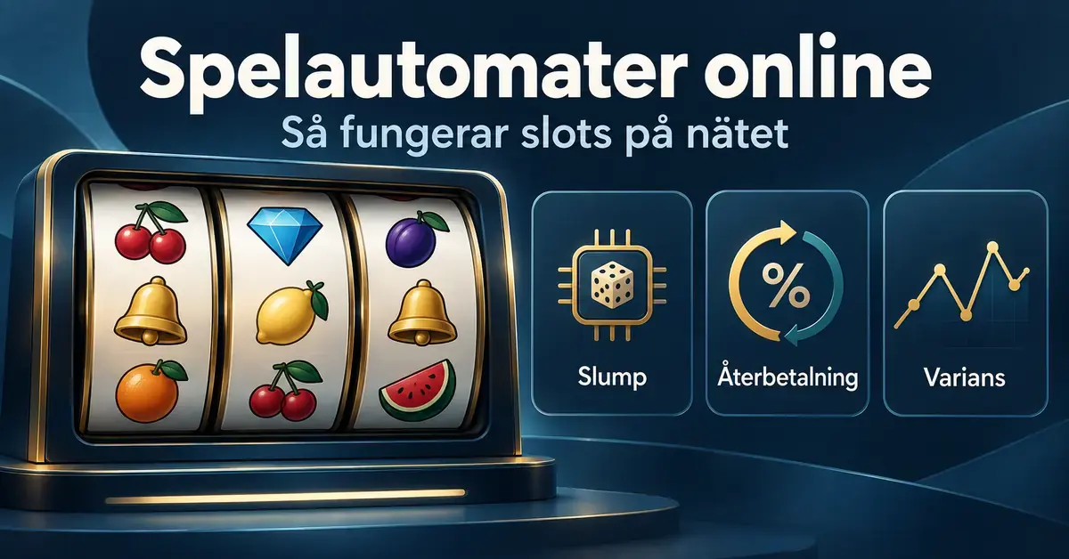 Illustration av en spelautomat med tre hjul och symboler för slump, återbetalning och varians som förklarar hur slots på nätet fungerar.