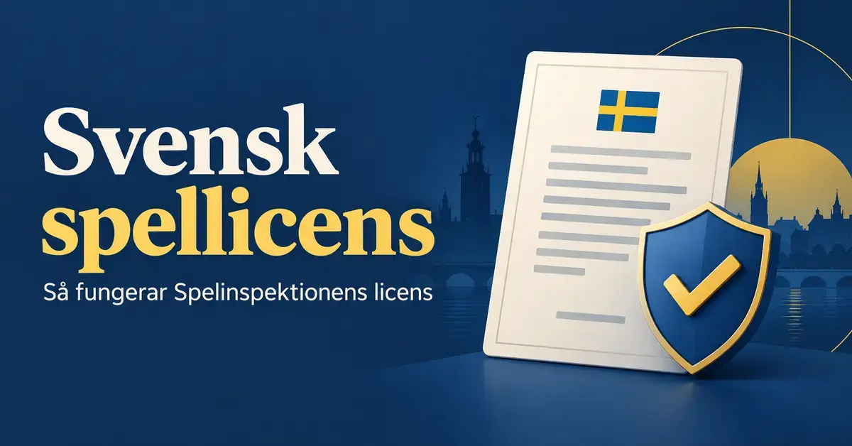 Illustration av ett licensdokument med svensk flagga och en sköld med bock bredvid texten ”Svensk spellicens – Så fungerar Spelinspektionens licens”.