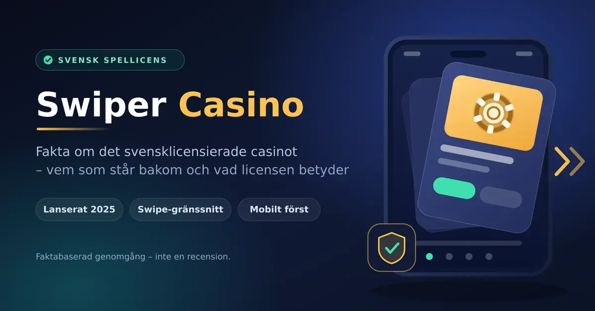 En grafisk bild med texten "Swiper Casino – fakta om det svensklicensierade casinot" bredvid en mobiltelefon som visar swipebara spelkort och en sköld som symboliserar svensk spellicens.