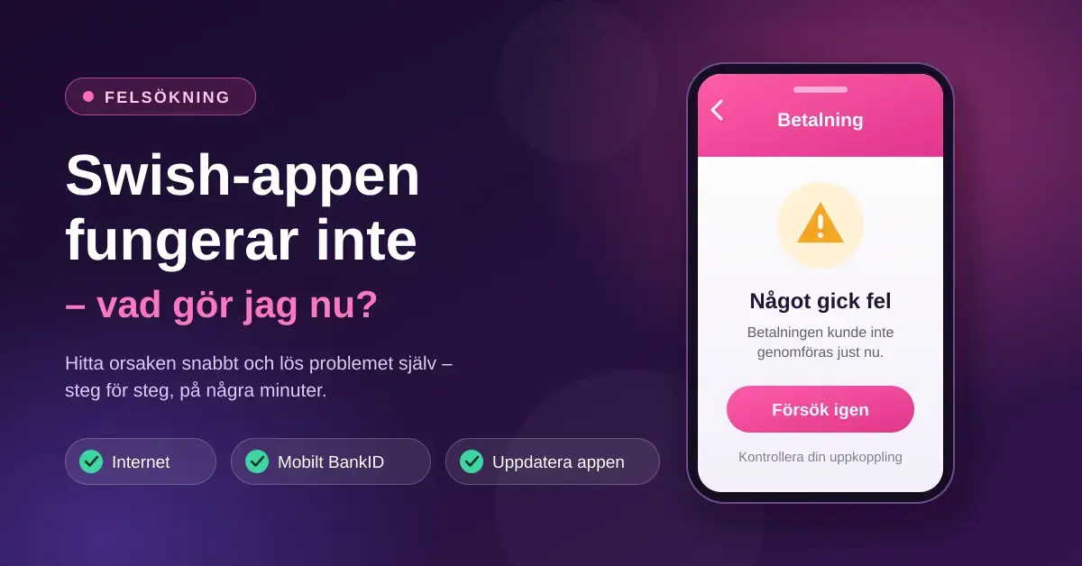Grafik med rubriken "Swish-appen fungerar inte – vad gör jag nu?" bredvid en mobiltelefon som visar felmeddelandet "Något gick fel" och knappen "Försök igen", samt tips om internet, Mobilt BankID och att uppdatera appen.
