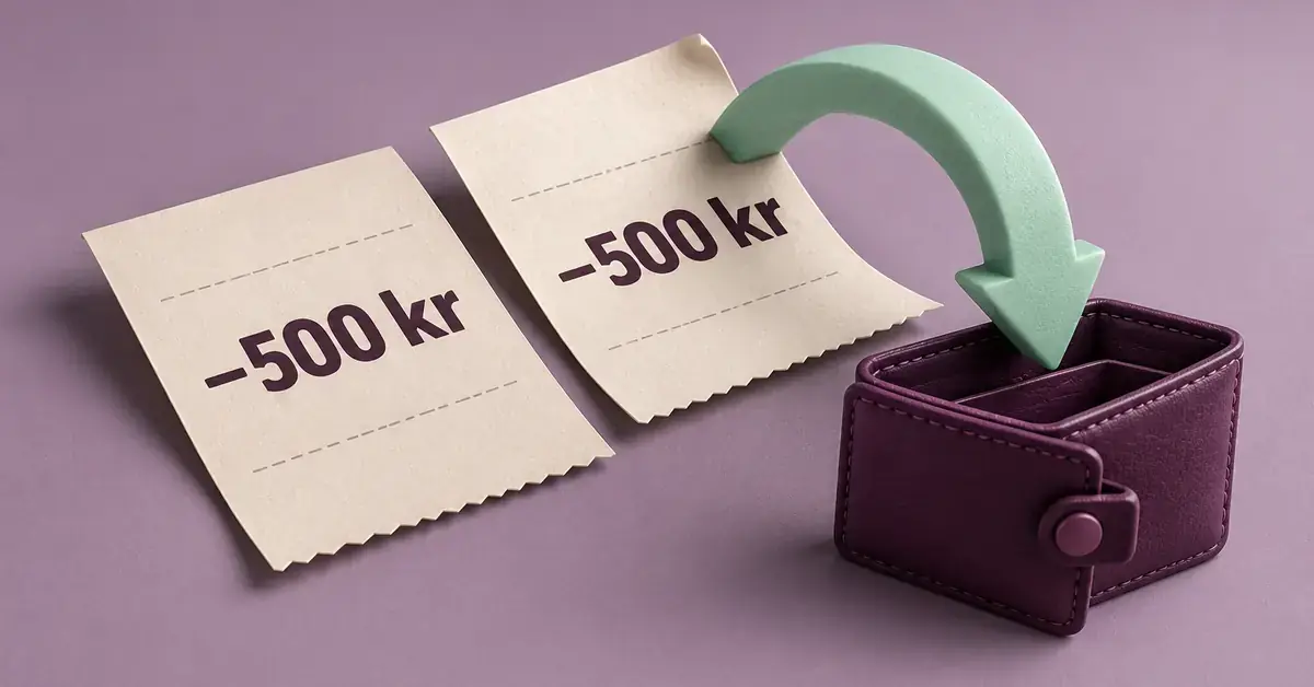 Två betalningskvitton på 500 kronor och en pil mot en plånbok illustrerar återbetalning vid dubbel betalning med Swish.