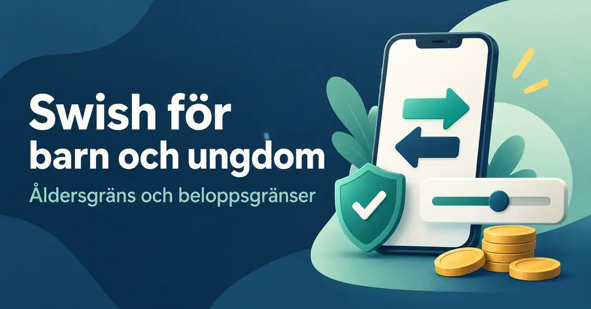 Illustration om Swish för barn och ungdom med en mobiltelefon, betalningspilar, mynt och symboler för säkerhet och beloppsgränser.