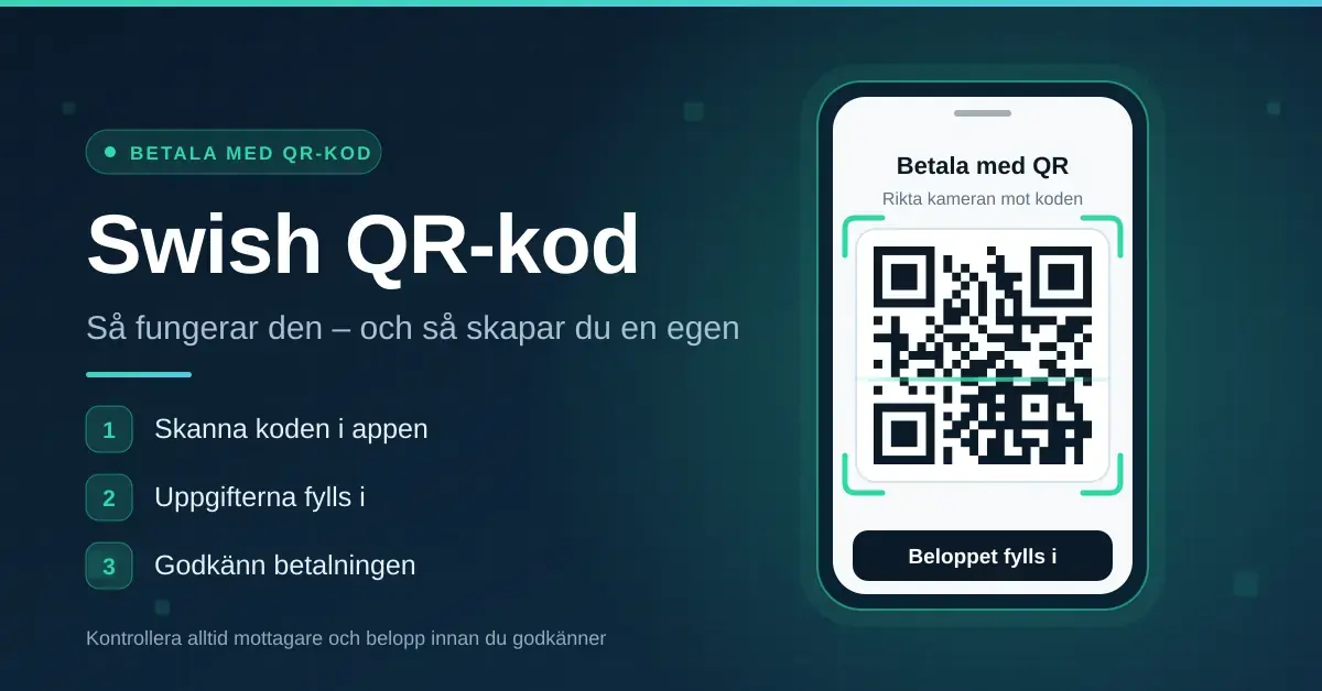 Grafik med rubriken ”Swish QR-kod” och en mobiltelefon som visar en QR-kod i en skanningsram, tillsammans med tre steg: skanna koden i appen, uppgifterna fylls i och godkänn betalningen.