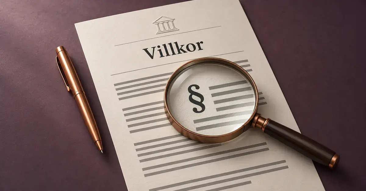 Ett förstoringsglas framhäver ett paragraftecken på ett dokument med rubriken Villkor och en banksymbol, bredvid en kopparfärgad penna.