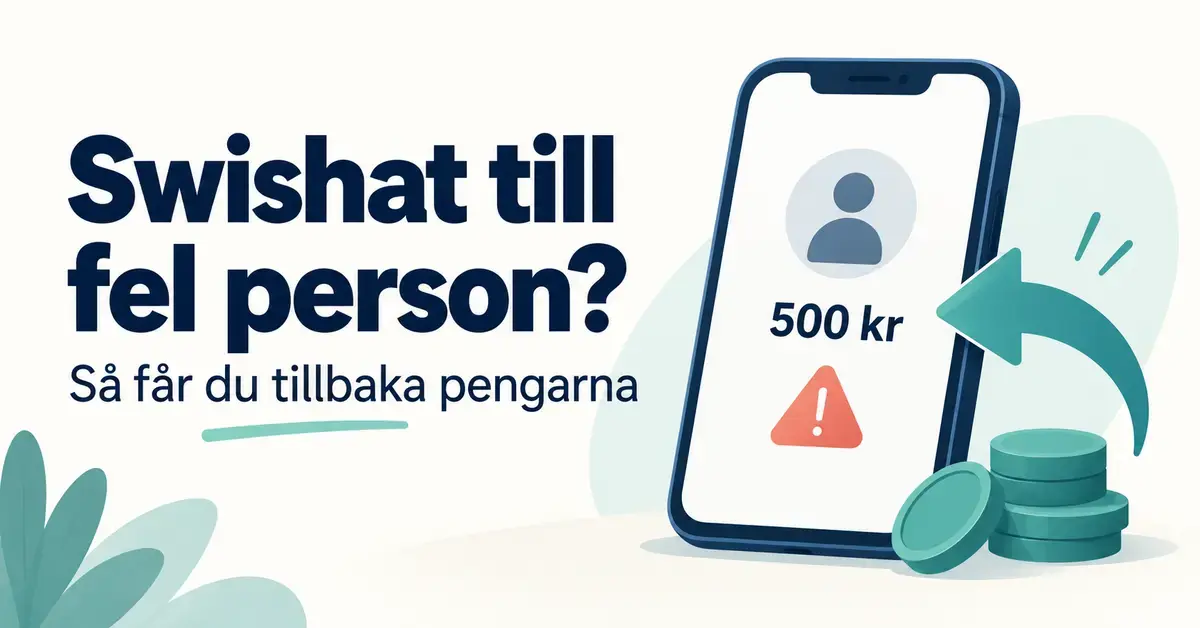 Illustration av en mobil med beloppet 500 kr, en varningssymbol och en pil som symboliserar återbetalning, intill texten ”Swishat till fel person? Så får du tillbaka pengarna”.