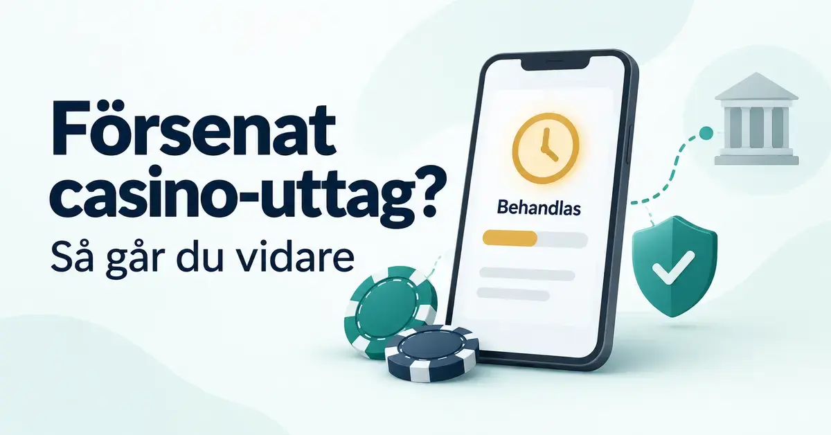 Illustration av ett försenat casino-uttag med en mobil som visar statusen Behandlas, en klocka, en verifieringssköld och en bank.