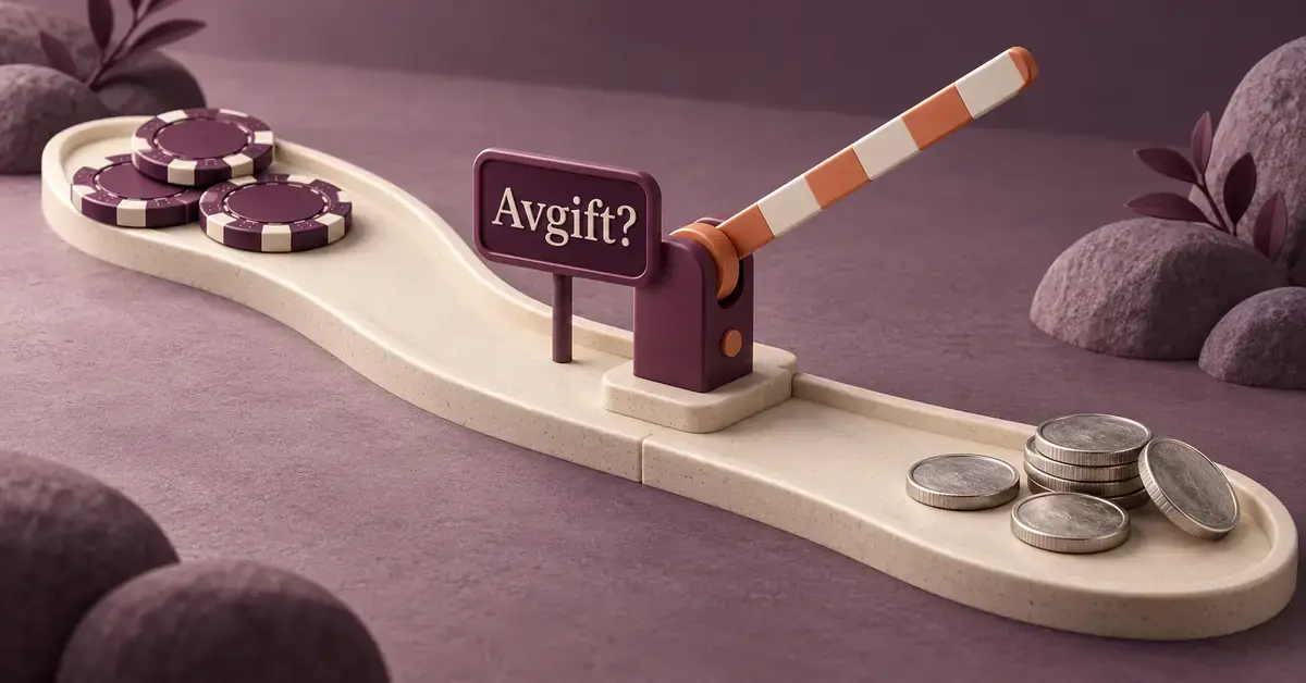 En öppen bom med skylten ”Avgift?” mellan casinojetonger och mynt illustrerar frågan om avgifter vid uttag från casino.