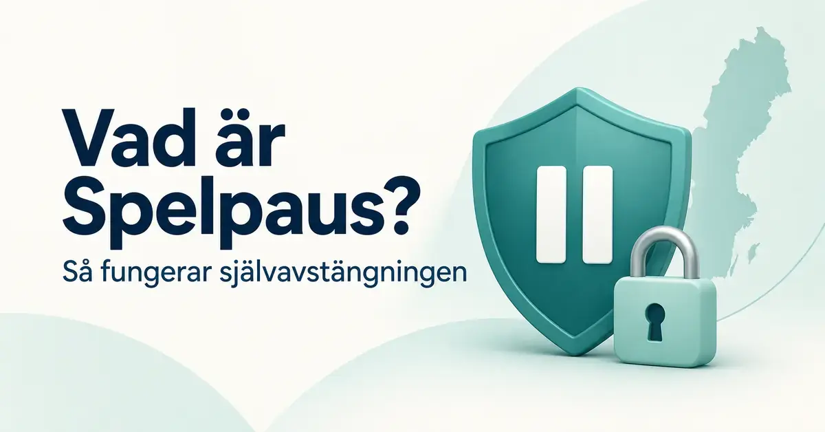 Illustration av en sköld med paussymbol och ett hänglås framför en Sverigekarta, med texten ”Vad är Spelpaus? Så fungerar självavstängningen”.