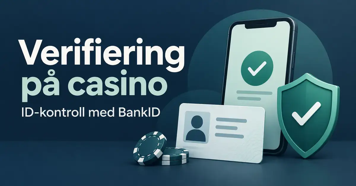 Illustration av ID-kontroll med BankID på casino med en mobiltelefon, ett ID-kort, en sköld med bock och spelmarker.